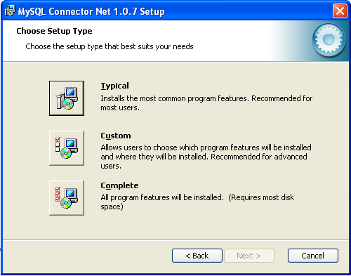 Connector/NET Windows Installer - Installationstyp