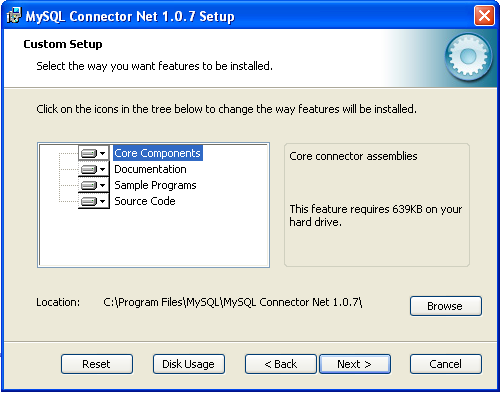 Connector/NET Windows Installer - Benutzerdefinierte Installation