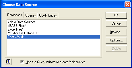 Microsoft Query, Datenquelle auswählen