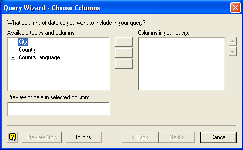 Microsoft Query, Spalten auswählen