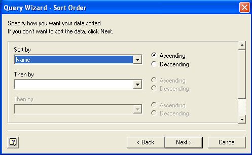 Microsoft Query, Sortierreihenfolge