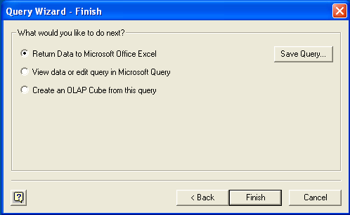 Microsoft Query, Zielobjekt auswählen
