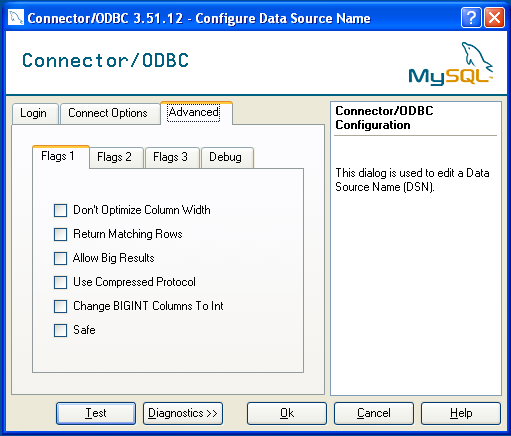 MyODBC: Erweiterter Verbindungsdialog