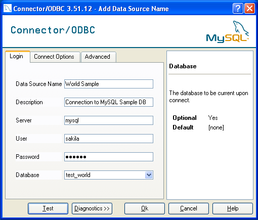 Beispiel: MySQL ODBC DSN Configuration-Dialog
